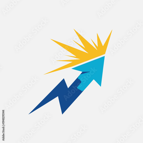 Dynamic blue upward arrow with radiating yellow energy lines symbolizing innovation and rapid growth, isolated white background.