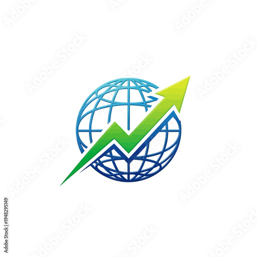 Upward green arrow piercing a blue grid globe symbolizing global market growth and financial progress, isolated white background.