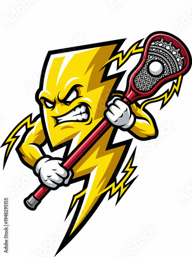 This dynamic illustration features a fierce, stylized lightning-shaped character wielding a lacrosse stick, symbolizing energy and strength within competitive sports.