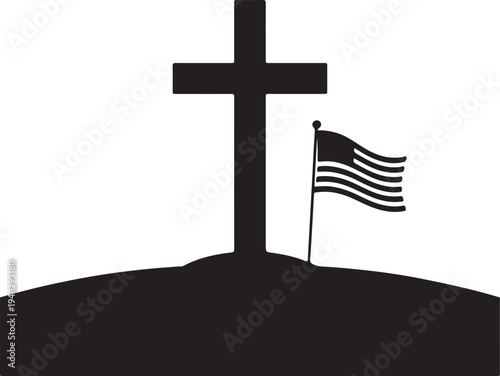 Cemetery Cross With American Flag Memorial Silhouette