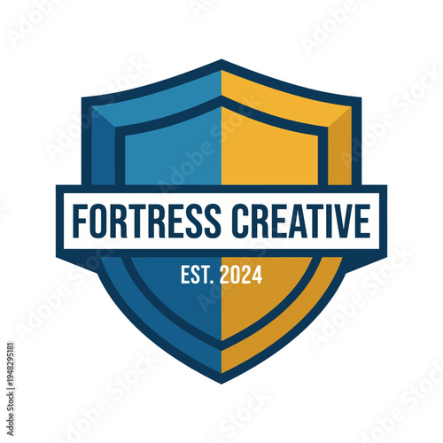 A modern shield logo representing Fortress Creative, combining blue and yellow colors, encapsulating creativity and security in a professional design for branding.