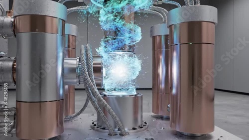 Advanced sci-fi device with copper and silver cylinders, featuring bubbling blue liquid and intricate tubing