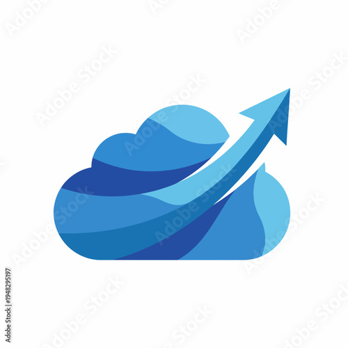 An abstract cloud logo symbolizing growth and technology with upward arrows and varying blue shades, portraying an innovative approach to digital solutions.