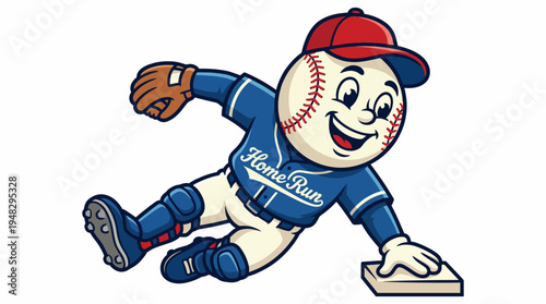 A playful and cheerful baseball character running towards home plate, symbolizing teamwork and joy, ideal for sports brands aiming to inspire young athletes and fans alike.