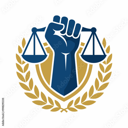 This powerful image features a raised fist holding scales of justice, encapsulating themes of strength, equality, and the fight for justice in a vibrant color palette.