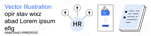 Human resources, workflow management, recruitment, employee profiles, digital platforms, corporate systems. HR linked to processes, mobile interface and documents. Human resources and workflow