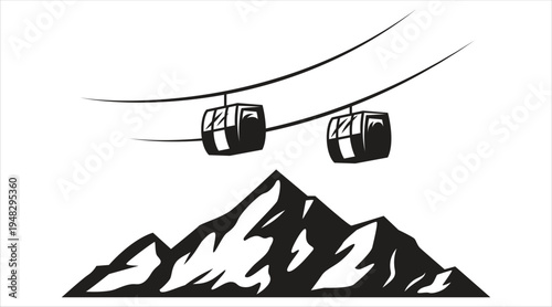 A minimalist black and white graphic of mountain cable cars Vector
