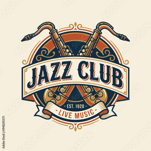 This vintage logo showcases crossed saxophones, embodying the spirit of jazz music and creating an inviting atmosphere for a live music club established in 1920.