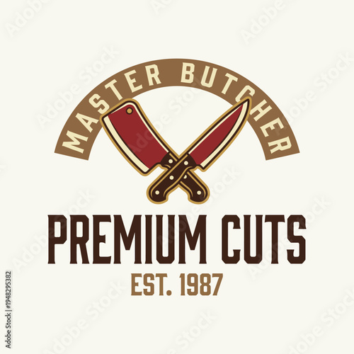 This classic logo highlights butcher knives and elegant typography, representing a high-quality butcher shop specializing in premium meat cuts established in 1987.
