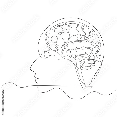 Continuous one line drawing of human brain. Hand drawn minimalism style. brain line art vector illustration Human brain continuous one line drawing of art vector illustration and intelligence outline