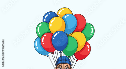 Man flying with colorful balloons on April Fool's Day