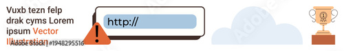 Cybersecurity, website error handling, internet safety, web development, notifications, achievement concepts. Alert icon and URL bar with error. Cybersecurity and website error handling concept