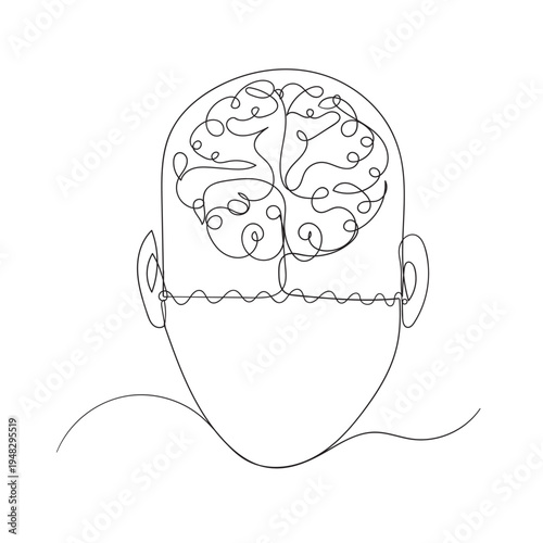 Continuous one line drawing of human brain. Hand drawn minimalism style. brain line art vector illustration Human brain continuous one line drawing of art vector illustration and intelligence outline
