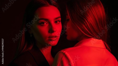 A romantic couple shares a tender moment in a dimly lit room with red lighting