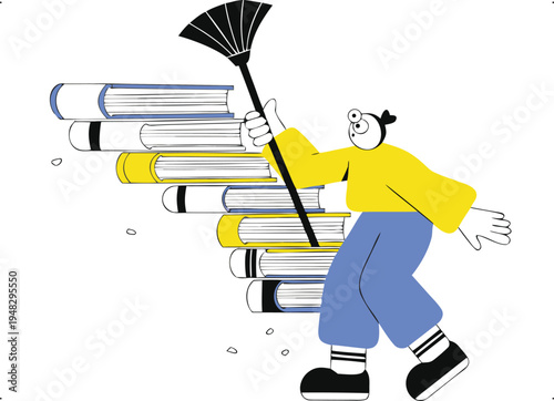 Cartoon Person Dusting Stack of Books Illustration isolated on transparent background