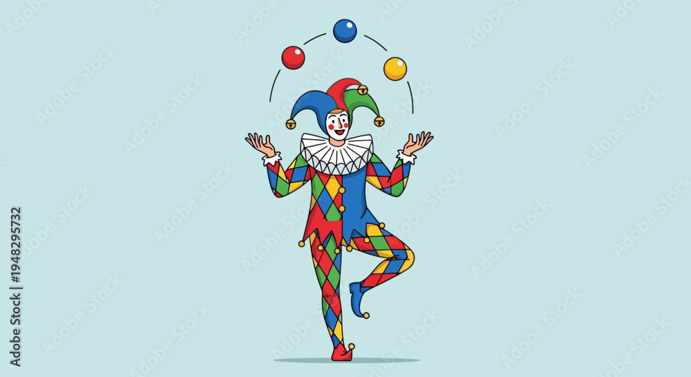 Obraz premium Jester celebrates Fool's Day in April with colorful balls and attire