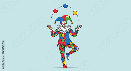 Jester celebrates Fool's Day in April with colorful balls and attire