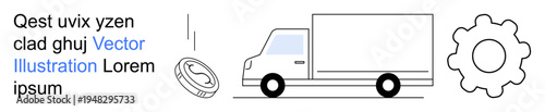 Logistics, shipping, economy, transportation, business industry. Truck and coin with gear. Logistics and shipping concept. Line metaphor. Simple line icons