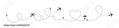 love heart dotted flight path arrows set. airplane line path icon of air plane flight route dash line.  Long squiggle dashed. vector illustration.