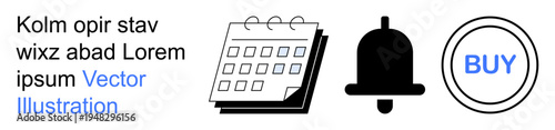 Scheduling, reminders, notifications, alerts, planning, e-commerce. Icons include a calendar, a notification bell and a buy button. Scheduling and reminders concept with visual clarity