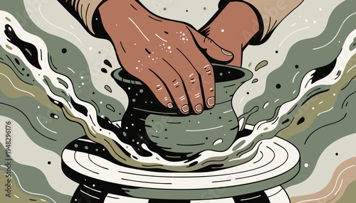 Close-up of hands sculpting clay on a pottery wheel with water splashes in organic vector style