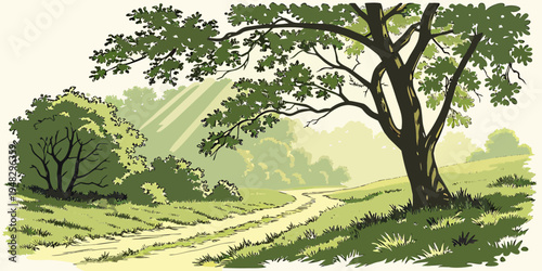 a tree standing on a grassy hill with a dirt path Vector