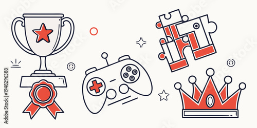 a collection of gaming icons including a trophy, video game controller, crown, and medal Vector