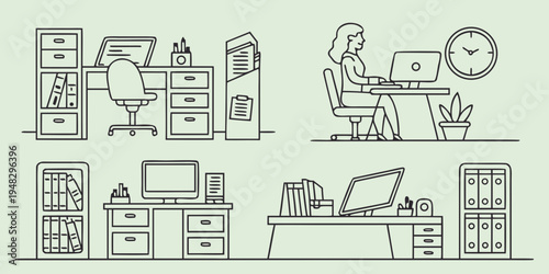 office furniture and equipment in various settings Vector