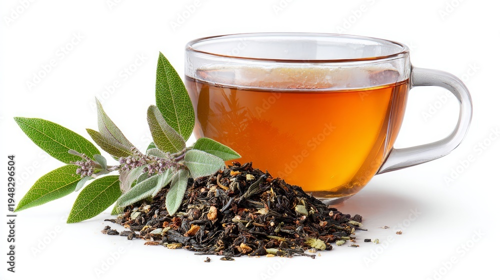 Fototapeta premium Herbal tea and dry leaves sit by themselves on a white background.