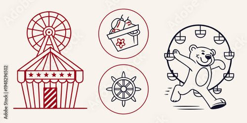 a set of carnival icons including a ferris wheel and a man running Vector