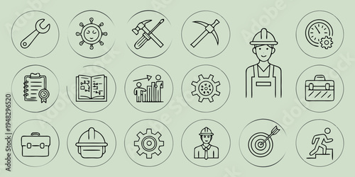 a collection of 16 black and white icons on a green background Vector