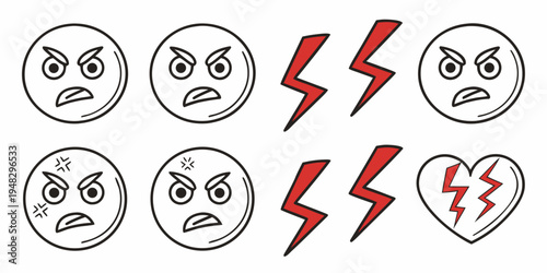angry faces and broken heart with lightning bolts Vector
