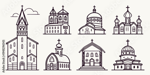 a collection of seven different church buildings Vector