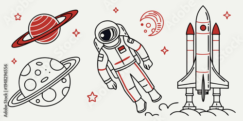 astronaut floating in space with planet and rocket Vector