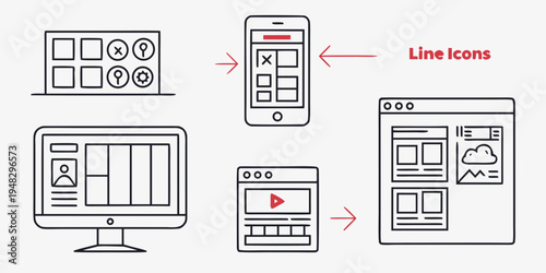 a diagram showing wireframes on desktop computer monitor and mobile devices Vector