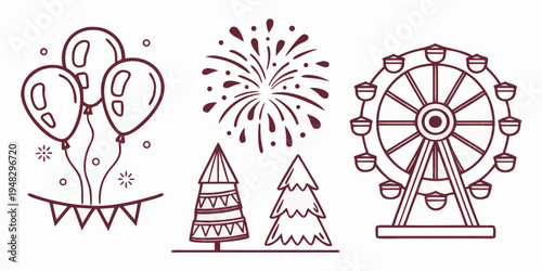 red line drawings of balloons fireworks and a ferris wheel Vector
