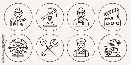 Eight icons depicting various construction workers and tools Vector