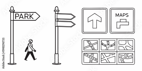 a set of directional signs and a person walking Vector
