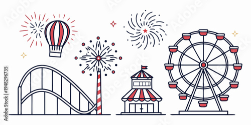 amusement park with ferris wheel and roller coaster Vector