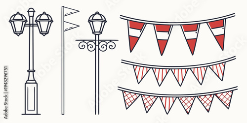 a set of street lamps and red and white triangular bunting flags Vector