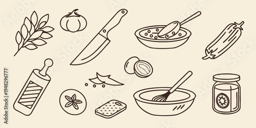 a collection of food and kitchen items for cooking and preparing meals Vector