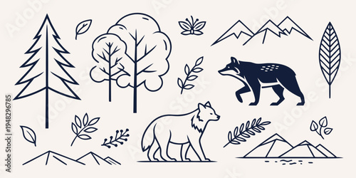 a collection of forest animals and plants Vector
