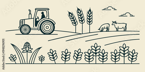 a tractor drives through a field with a cow and crops Vector