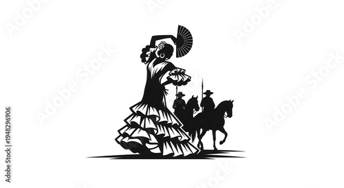 A black and white artistic silhouette illustration featuring a graceful flamenco dancer and riders