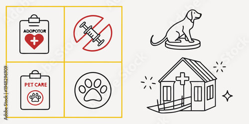 animal vaccination and medical care icons with a shelter Vector