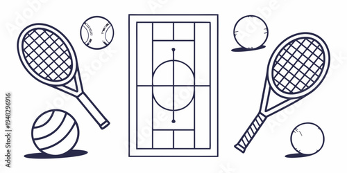 Tennis rackets and balls on a court Vector