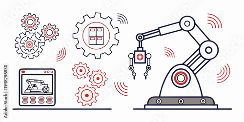 a robotic arm with a man and a computer Vector