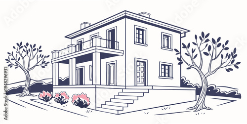 a large house with a tree and a car parked outside Vector