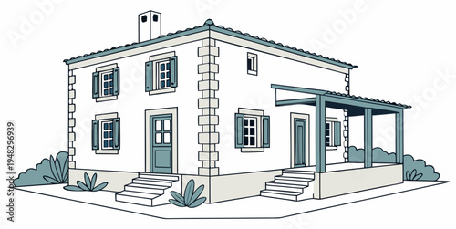 a white house with a blue door and shutters Vector