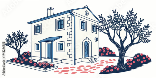 a white house with trees and flowers Vector